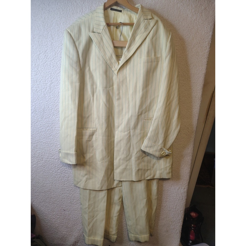 Vintage Yellow stripe 2 Piece Suit Set Blazer Pleated Cuffed Pants Teal Stripe